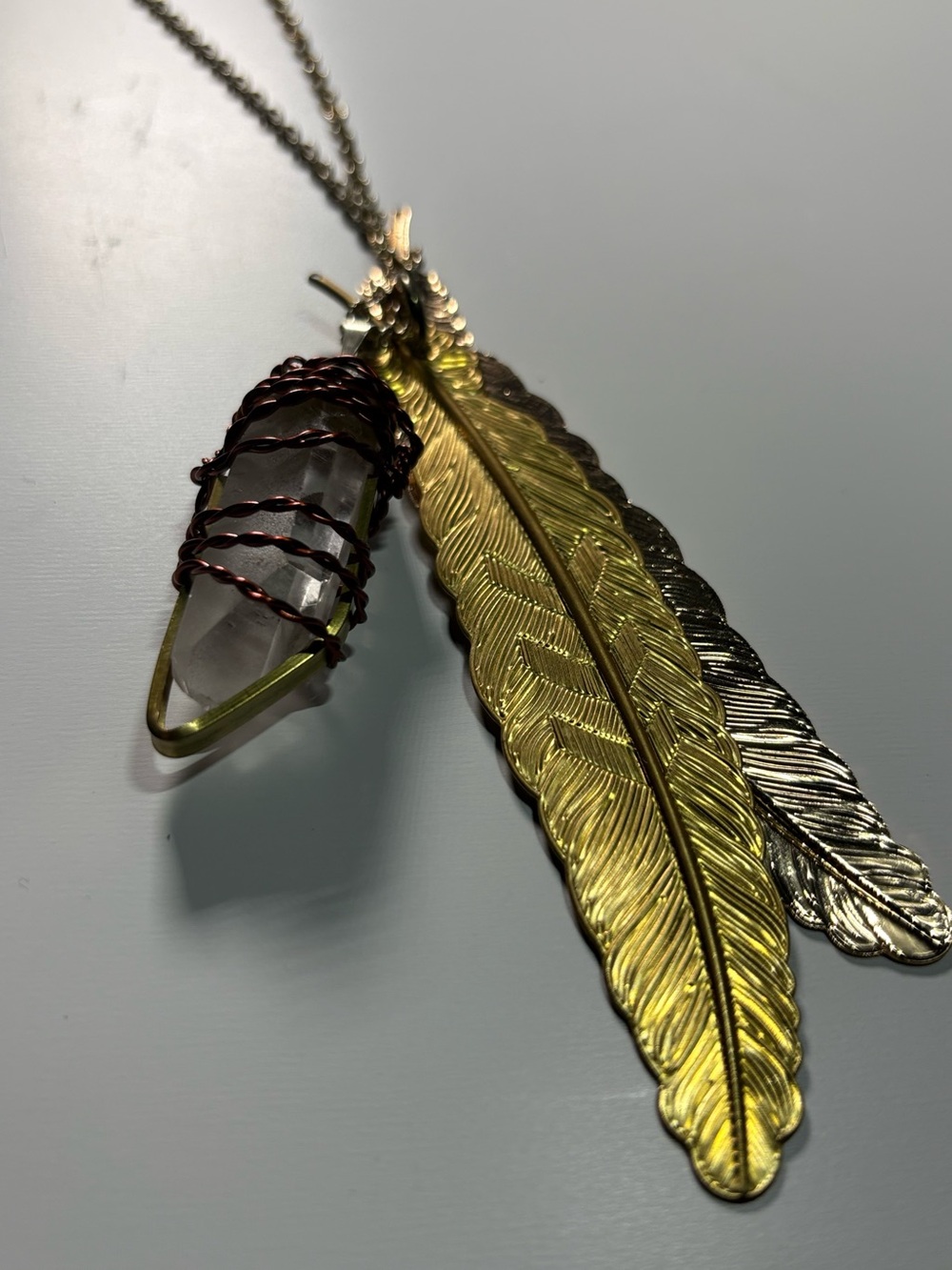 Gold & Silver Feather Necklace with Clear Crystal Point
